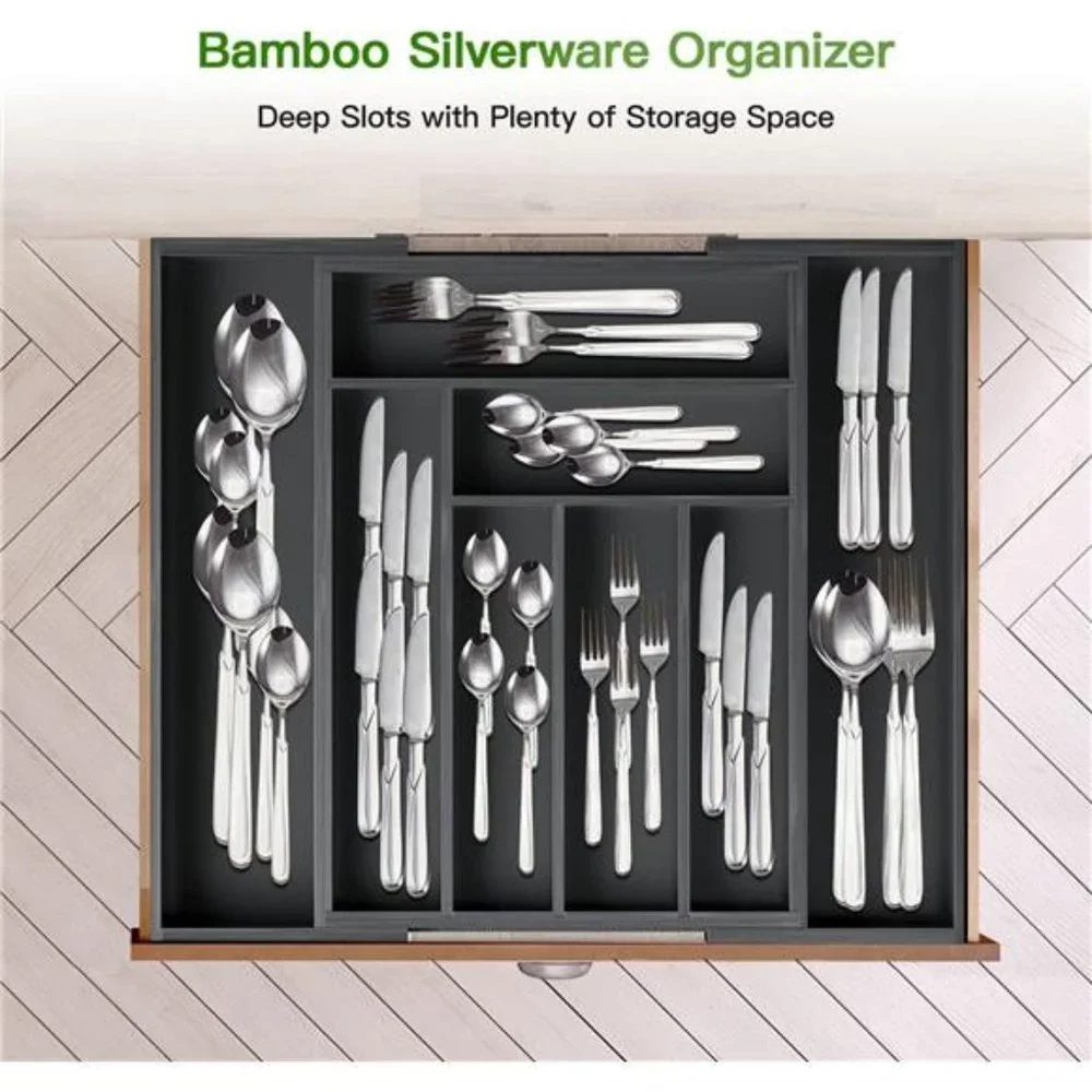 Bamboo Expandable Drawer Organizer for Utensils Holder, Adjustable Cutlery Tray